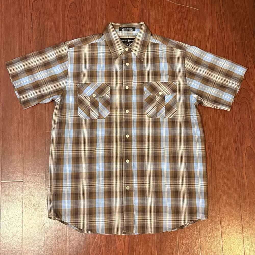 Beverly Hills Polo Club Plaid Short Sleeve Button Down Shirt Size M Blue & Brown